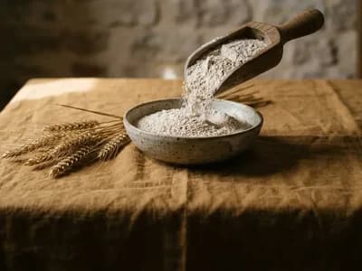 Wholewheat flour cascading from a scoop into a bowl with ears of wheat on a golden cloth