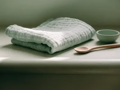 A folded sage-green muslin cloth, a small feeding bowl and a wooden spoon on a sage-green nursery surface