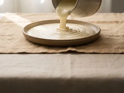 Velvety pouring cream cascading into a ceramic dish on a warm-sand cloth