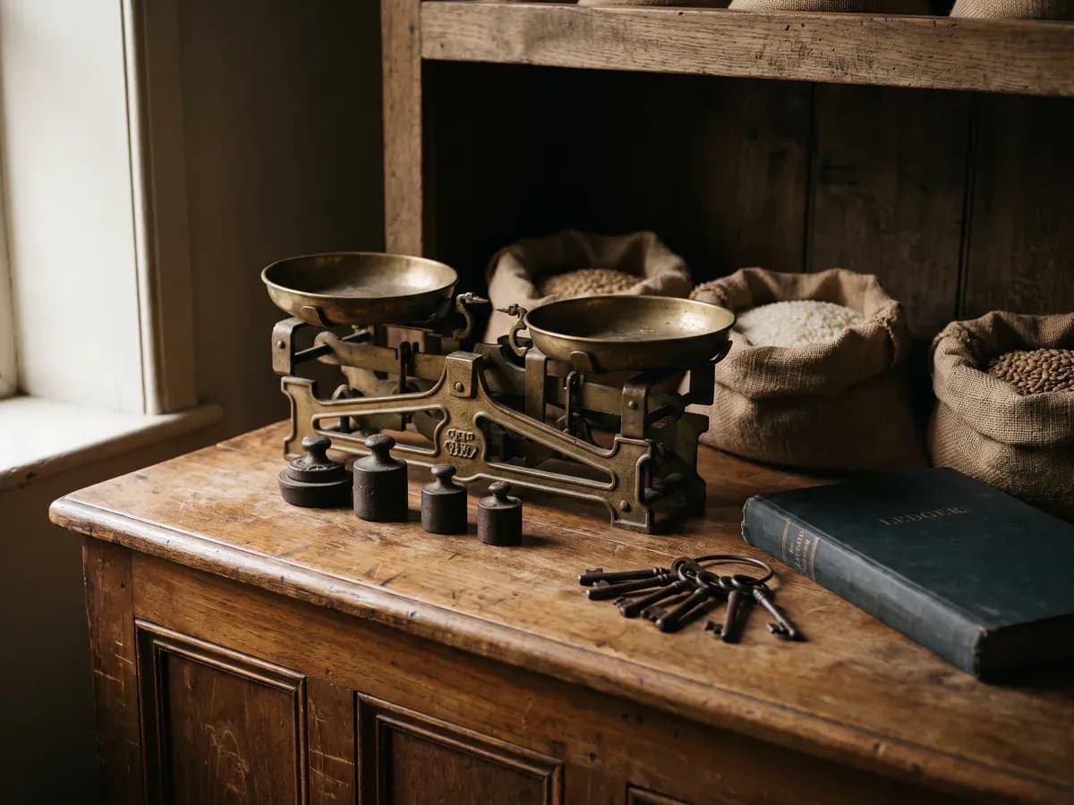 Worn brass counter scales, iron weights and a cloth-bound ledger on a scuffed teak shop counter beside open jute sacks of rice