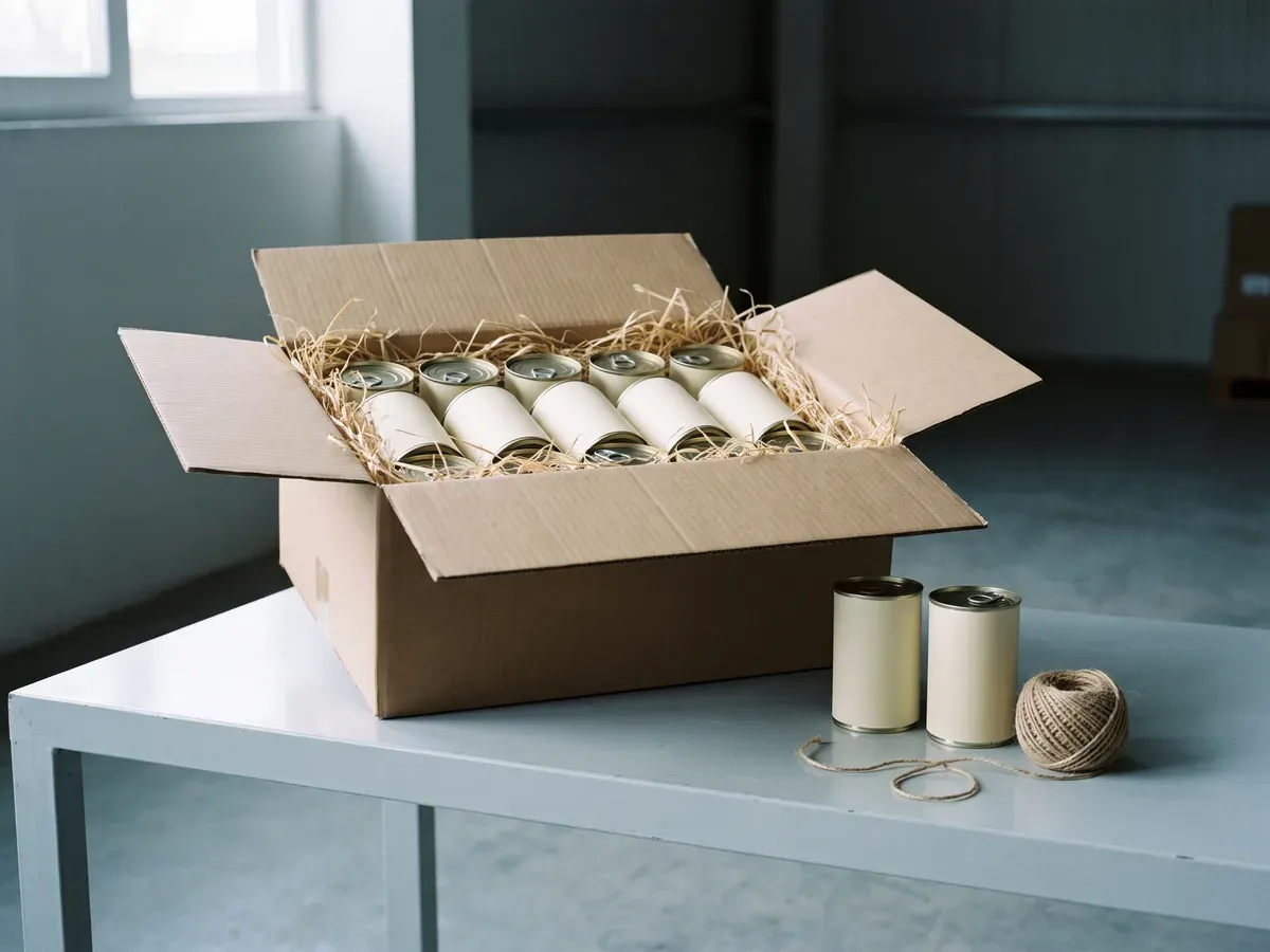 An open cardboard shipping carton packed with plain cream metal food tins in straw, beside two upright tins and a coil of jute twine on a grey steel desk