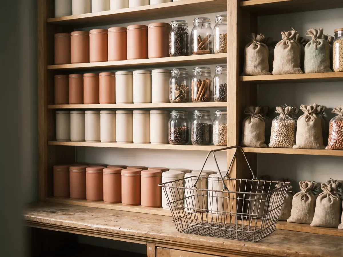 Neatly stocked retail shelves of unlabelled tins, glass spice jars and bagged pulses with an empty wire shopping basket in the foreground