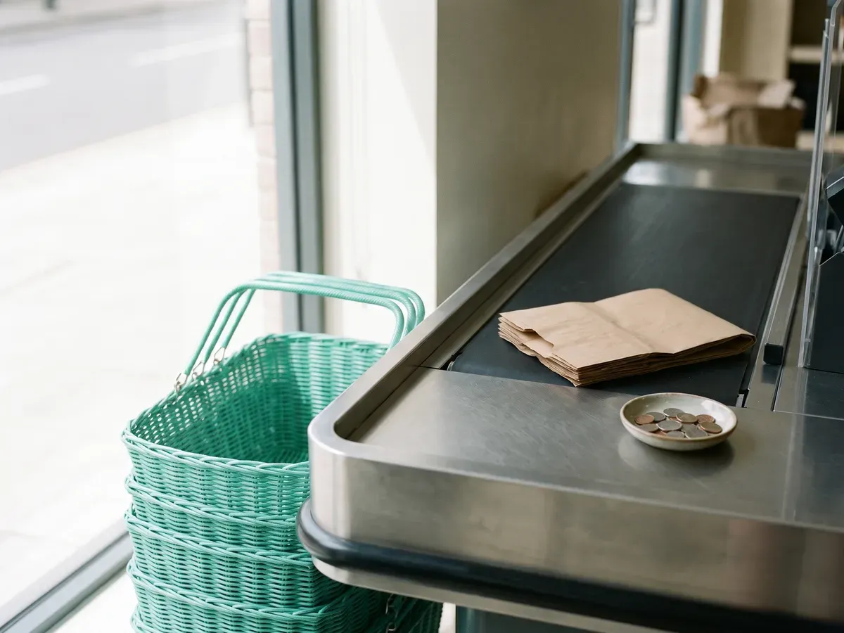 Nested aqua shopping baskets beside a brushed steel supermarket checkout counter with a kraft paper bag and a dish of loose coins