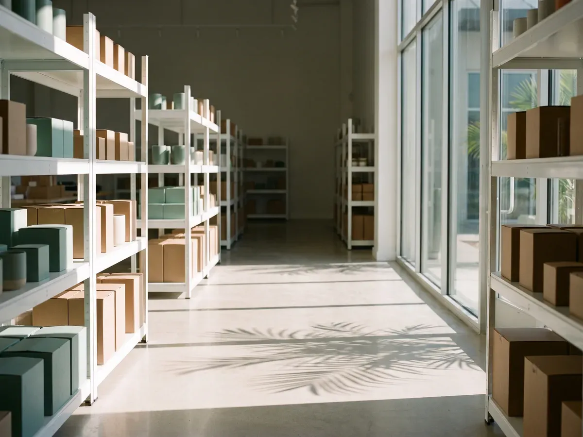 A wide empty aisle in a bright new shop, white shelving and pale polished concrete with palm shadows cast by a tall glass shopfront