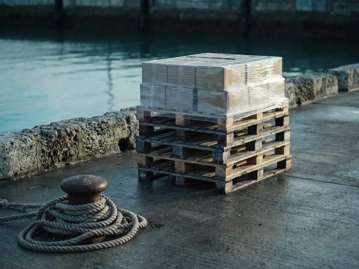 Stacked pallets and shrink-wrapped bulk cartons on a harbour quay at dawn, with a mooring bollard, coral-stone seawall and calm water beyond