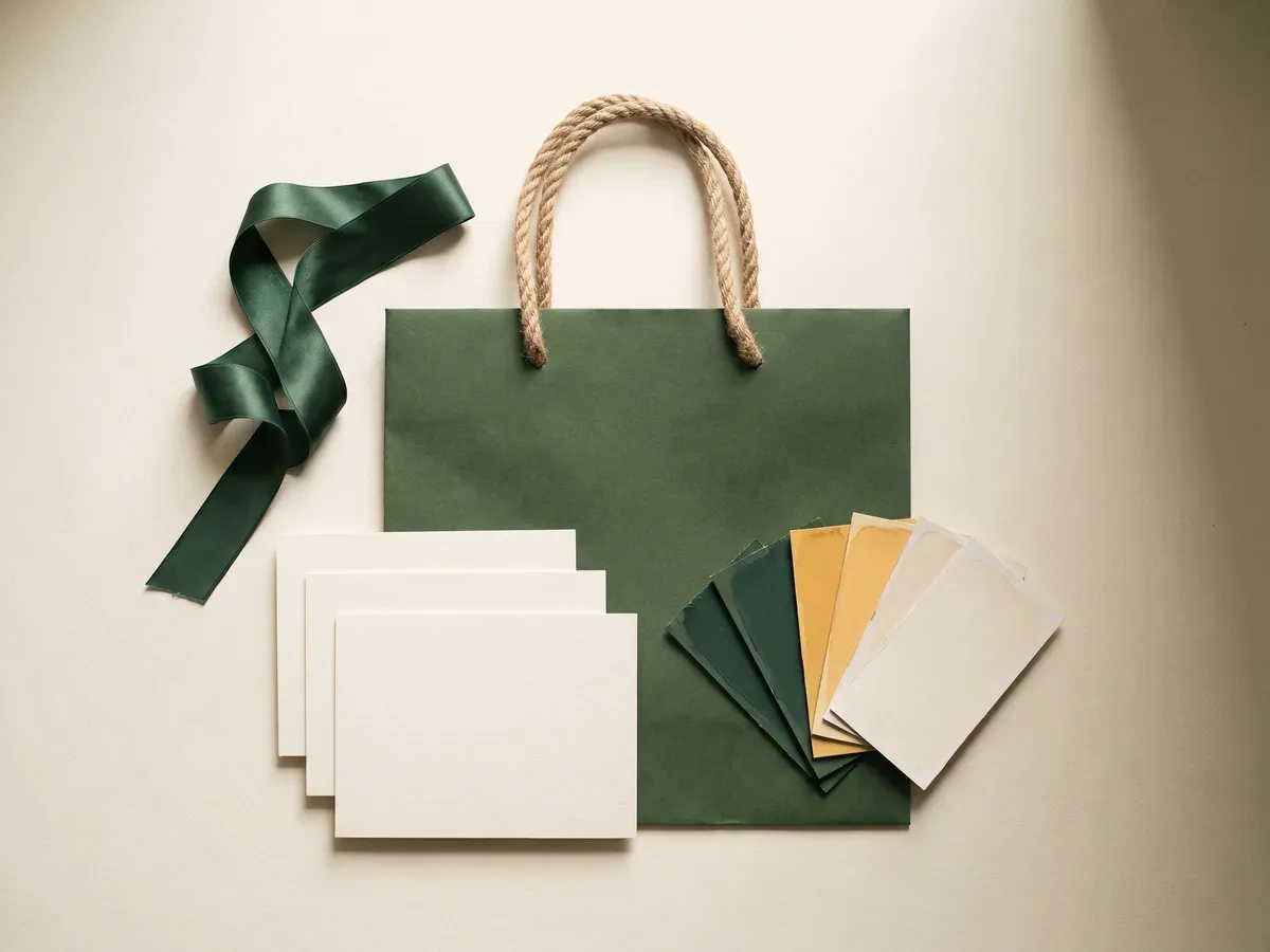 An overhead flat-lay of an unmarked deep green paper carrier bag, green ribbon, blank cream cards and colour swatch chips in green, saffron and cream